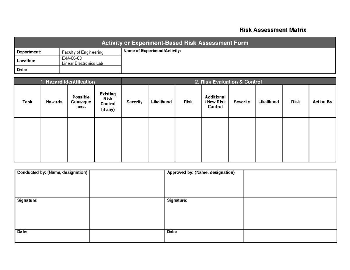 W2 Activity 3 Risk Assessment Form - Risk Assessment Matrix Activity or ...