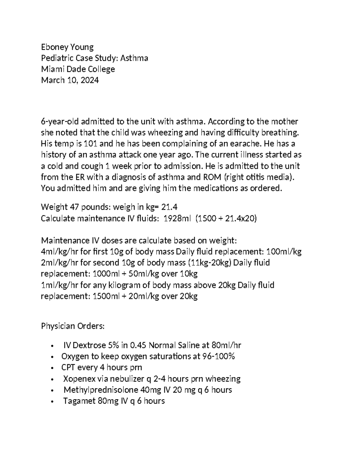 Case Study Asthma Peds Clinical Eboney Young Pediatric Case Study