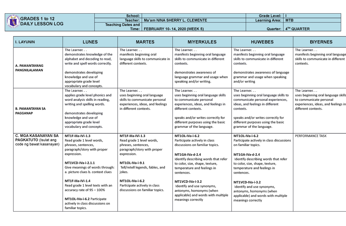 MTB 1 Q4 W5 DLL - Daily Lesson Plan - GRADES 1 To 12 DAILY LESSON LOG ...