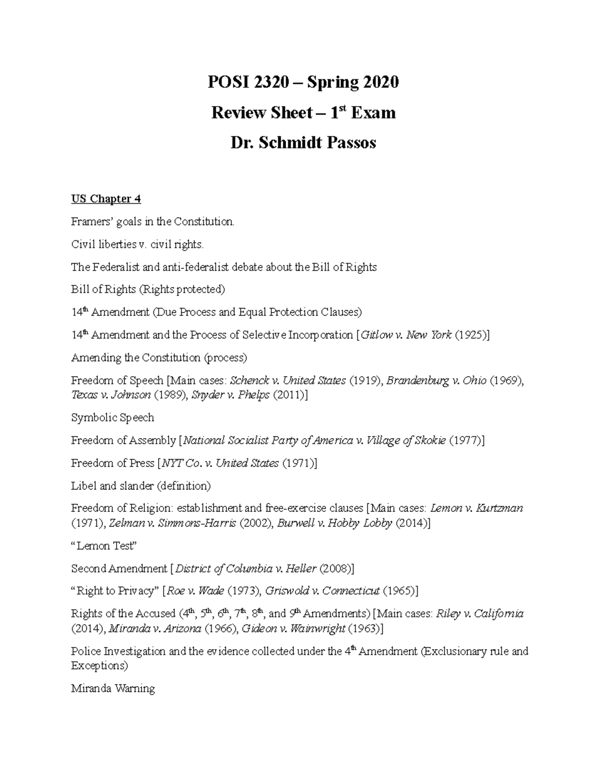 Exam 1 - Review Sheet 2320 - POSI 2320 – Spring 2020 Review Sheet – 1st ...