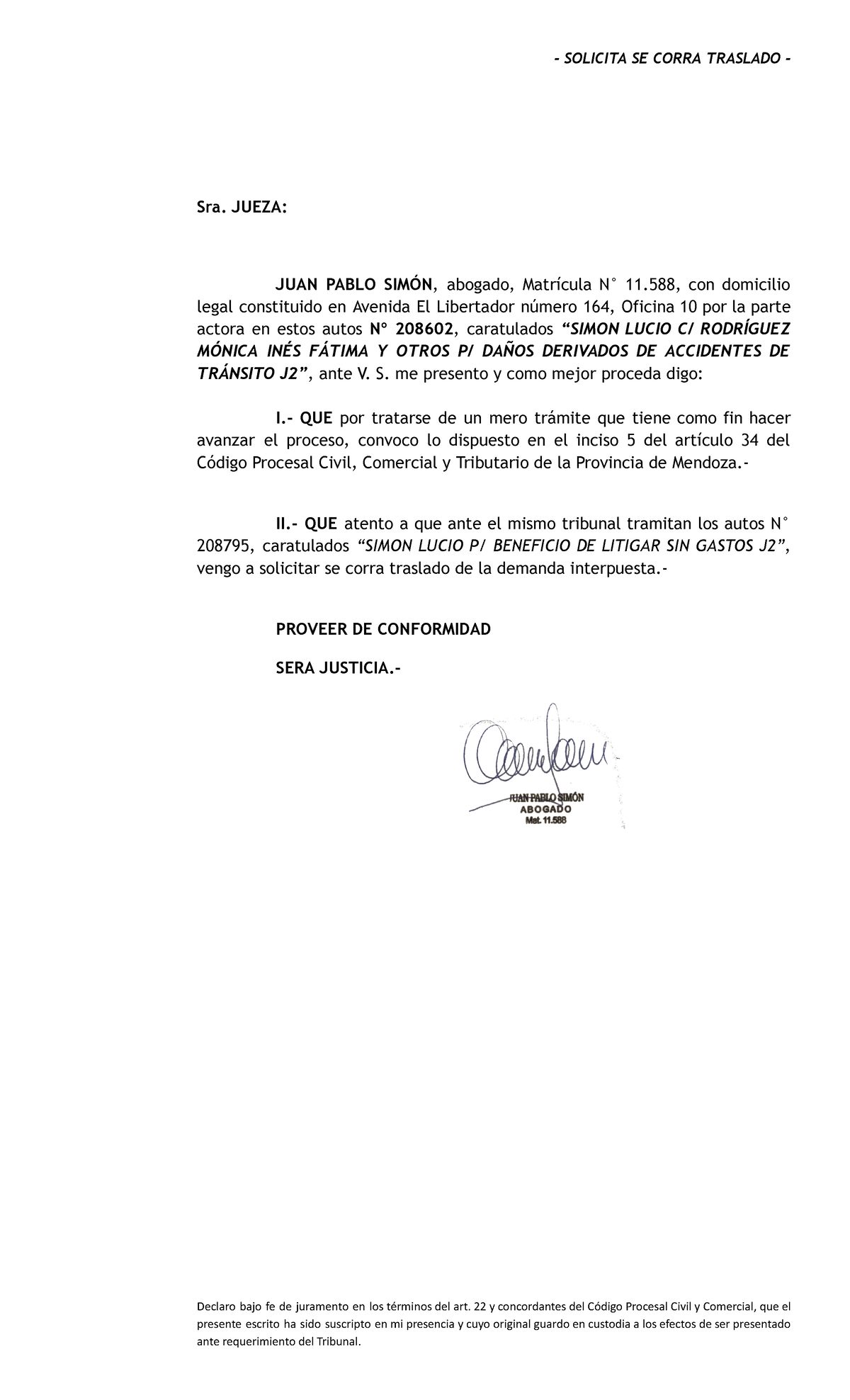 Solicita se corra traslado de la demanda - SOLICITA SE CORRA TRASLADO ...