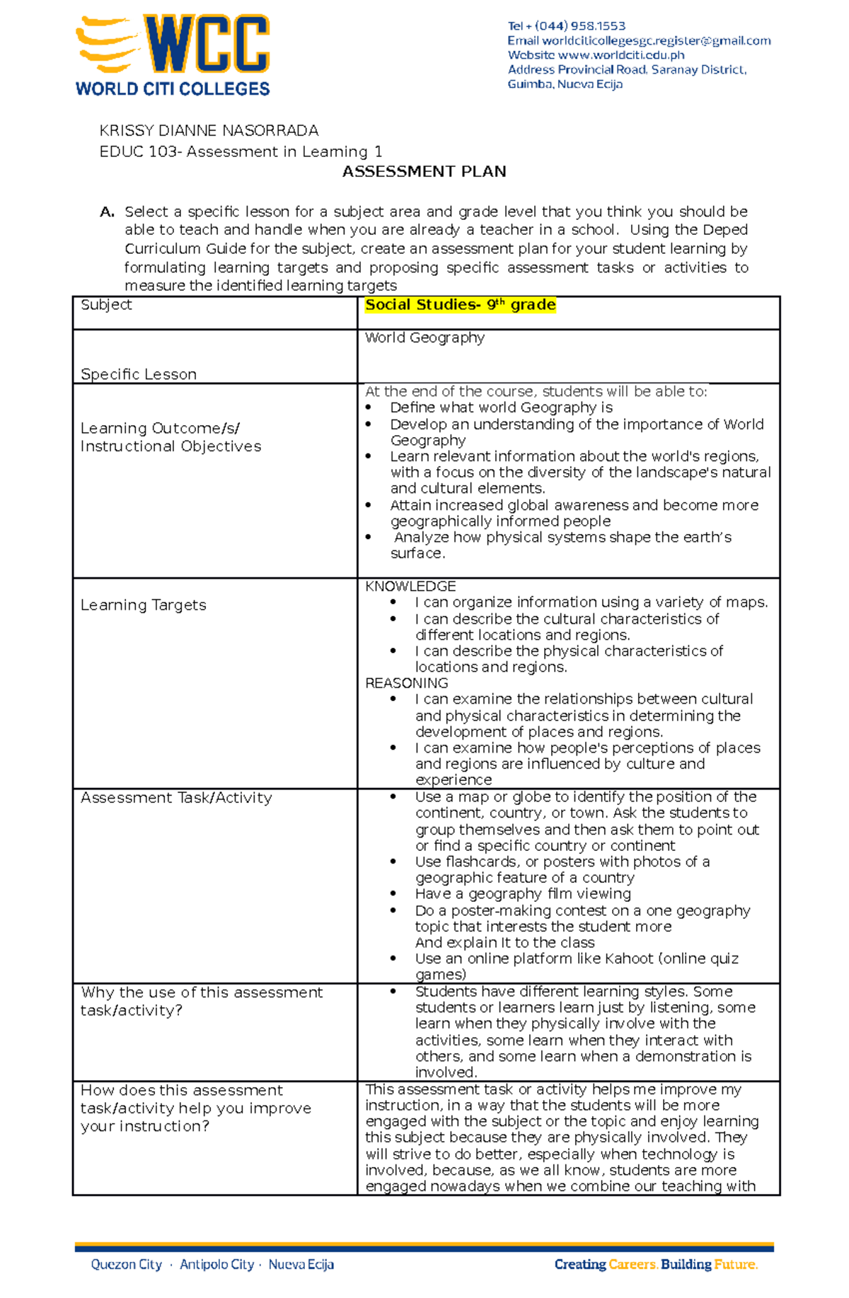 Assessment Purposes Learning Targets and Appropriate Methods - KRISSY ...