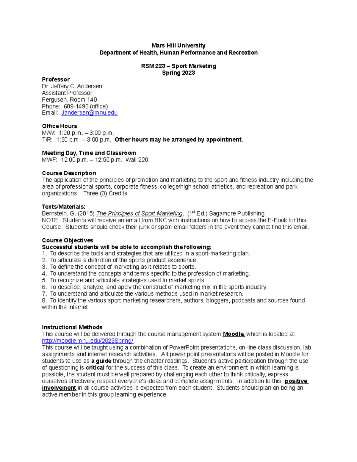 RSM 223 Course Sylb Spring 2023 Mars Hill University Department of