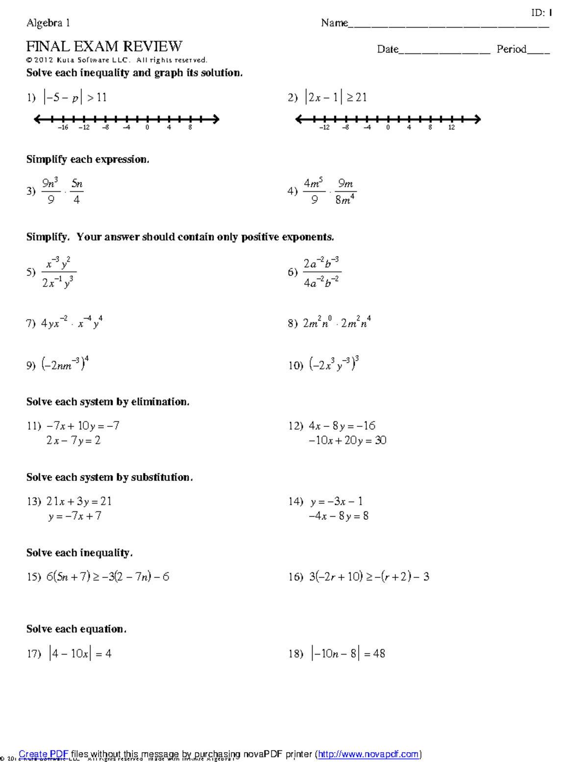 Algebra 1 Final EXAM Review - ©X O 2 a 0 R 182 w bKhuptRaw TSKoKfI ...