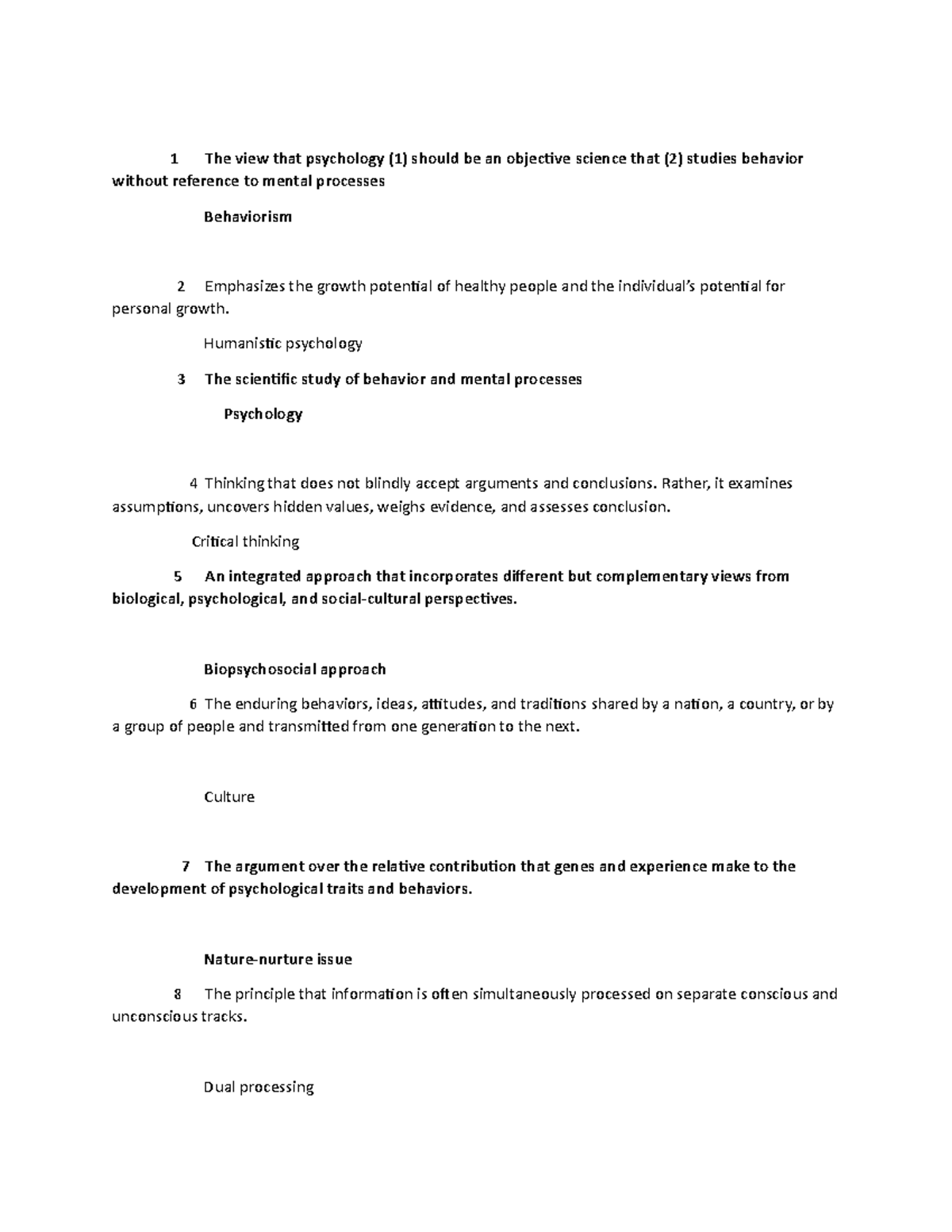 Psychology flash cards 1A - 1 The view that psychology (1) should be an ...