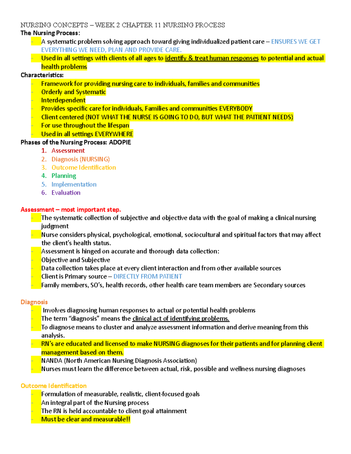 Nursing Process Notes - NURSING CONCEPTS – WEEK 2 CHAPTER 11 NURSING ...