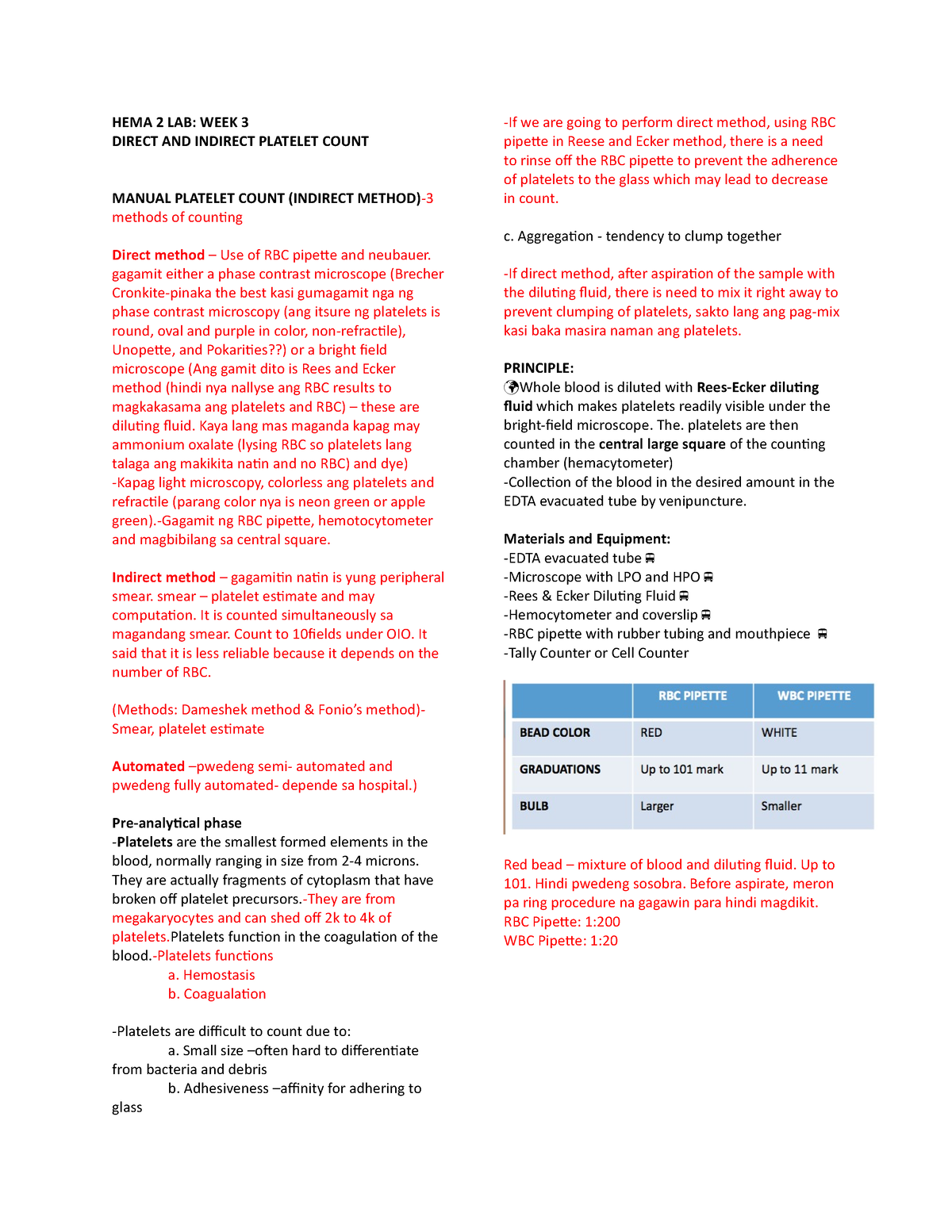 Hema2lab Week4 Hematology 2 Lab Hema 2 Lab Week 3 Direct And Indirect Platelet Count 6917