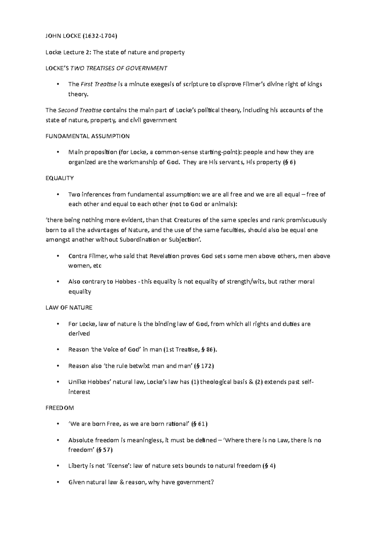 Locke notes JOHN LOCKE (16321704) Locke Lecture 2 The state of