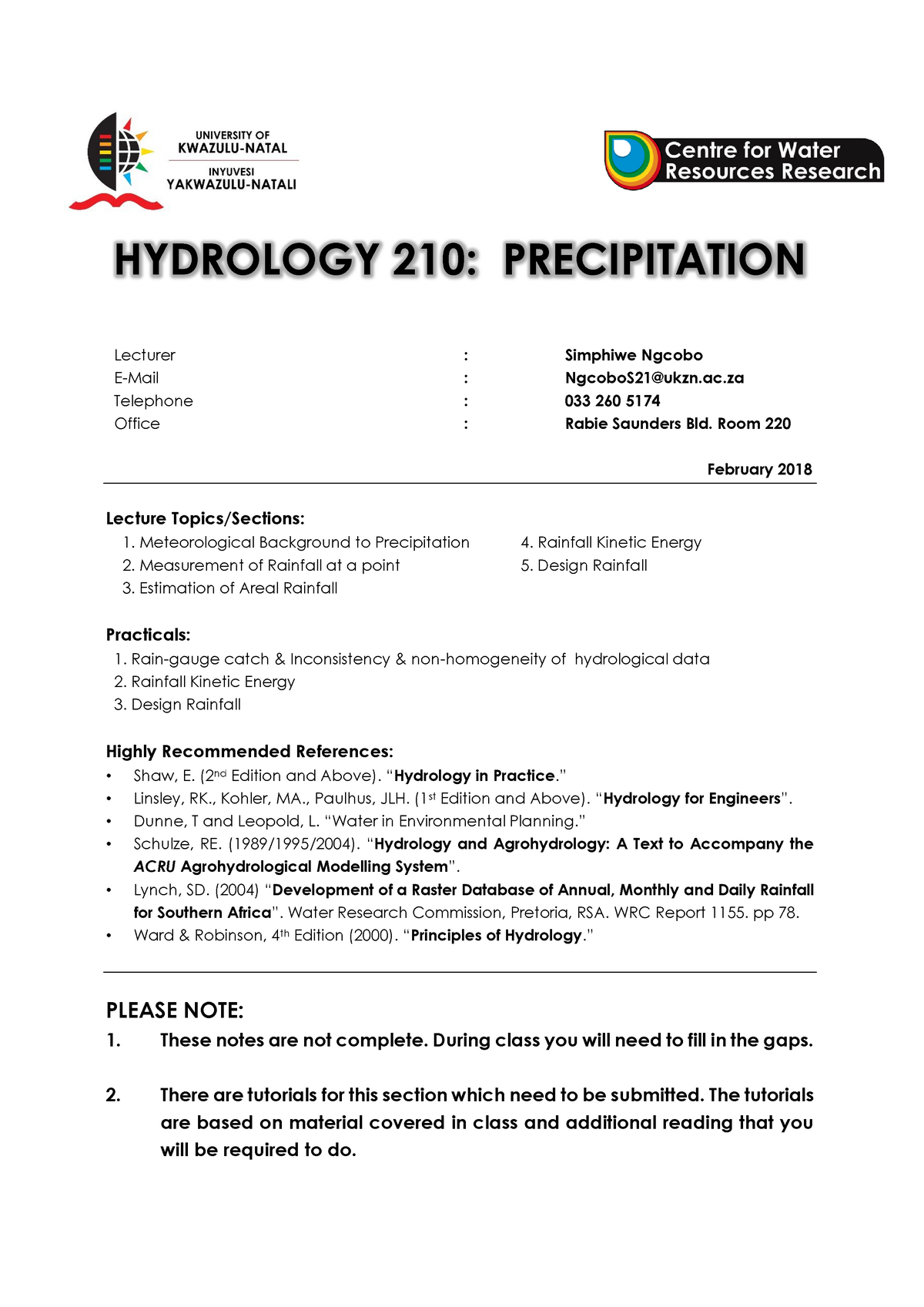 H210 Precipitation Notes 2018 Week 1 - HYDROLOGY 210: PRECIPITATION ...