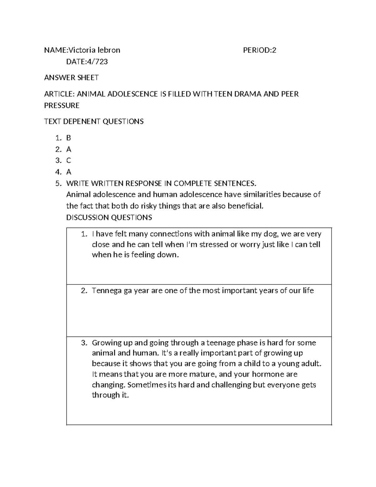 Answer Sheet- Article- Animal Adolescence - NAME:Victoria lebron PERIOD ...
