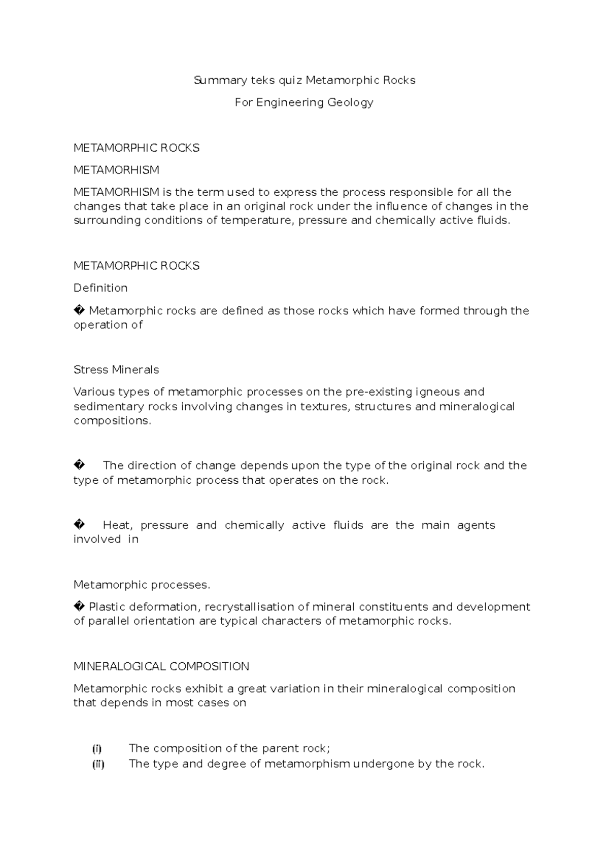 Summary teks quiz Metamorphic Rocks For Engineering Course - Summary ...