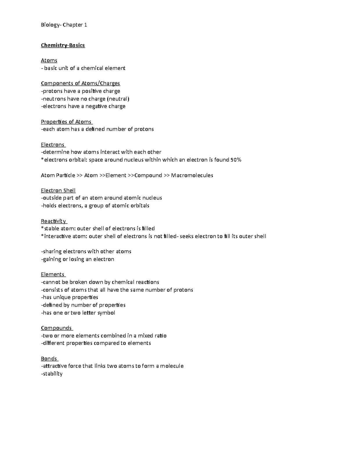 Biology Lecture Notes Chapter 1-2 - Biology- Chapter 1 Chemistry-Basics ...