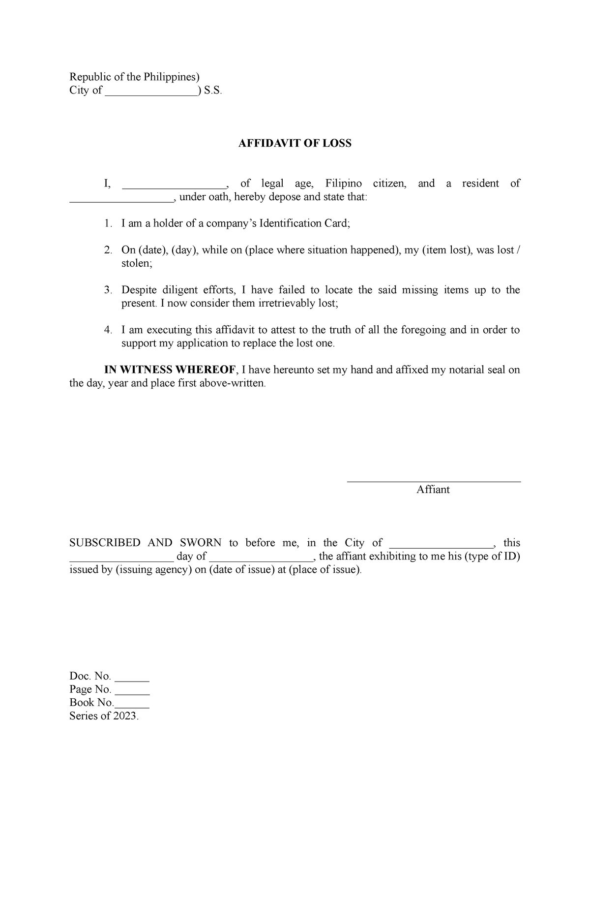 Affidavit of Loss - Sample form - Republic of the Philippines) City of ...