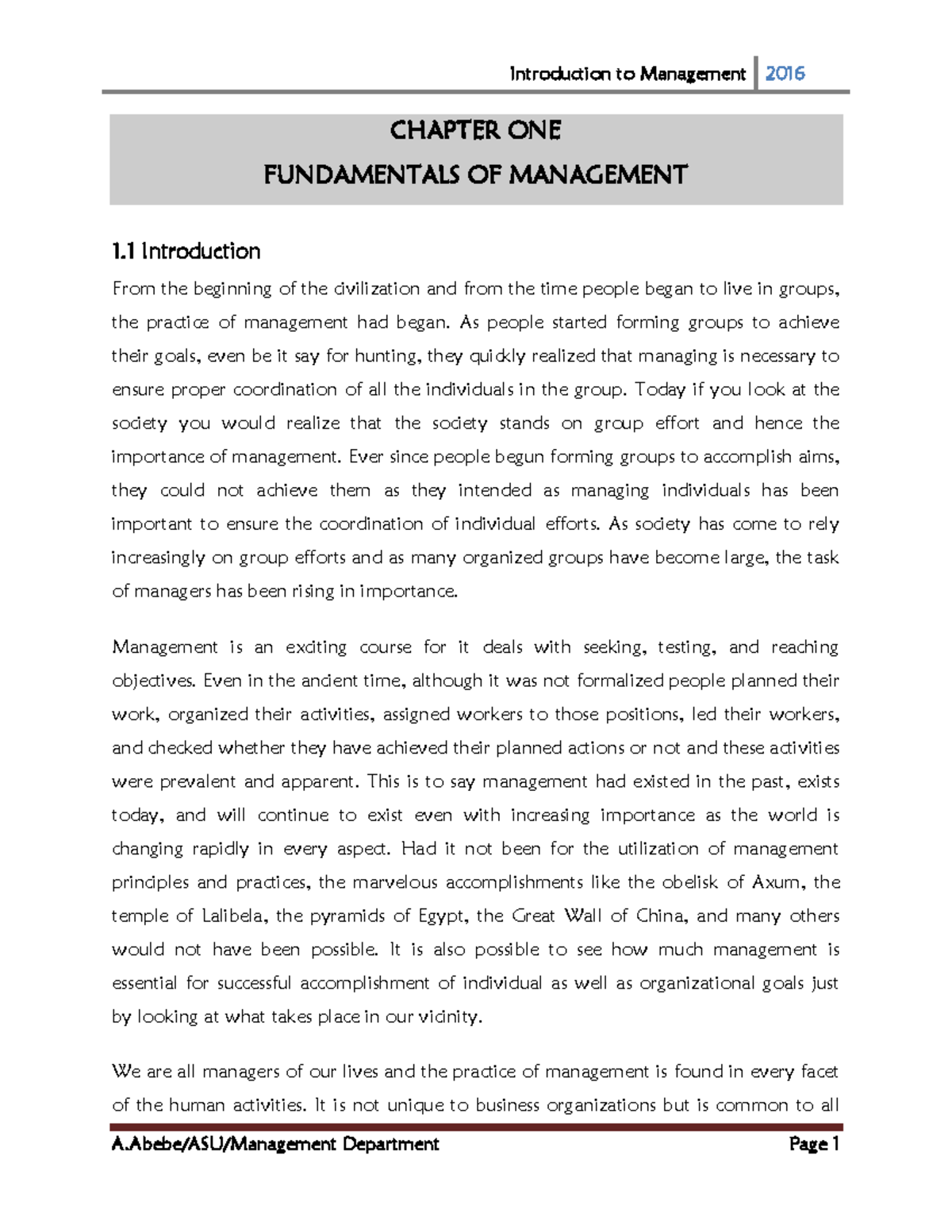 Introduction To Management - CHAPTER ONE FUNDAMENTALS OF MANAGEMENT 1 ...