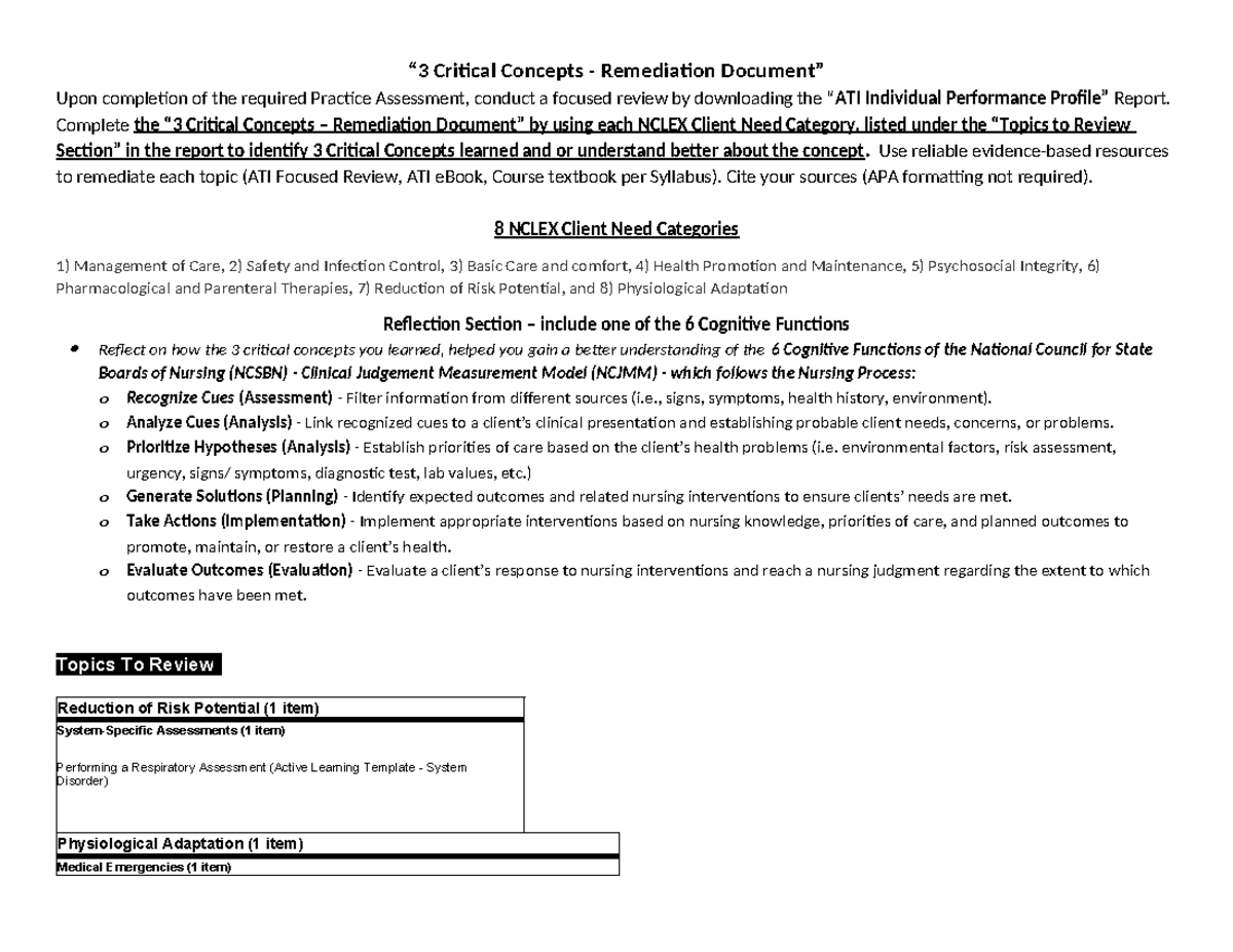 B PEDS Remediation - “3 Critical Concepts - Remediation Document” Upon ...