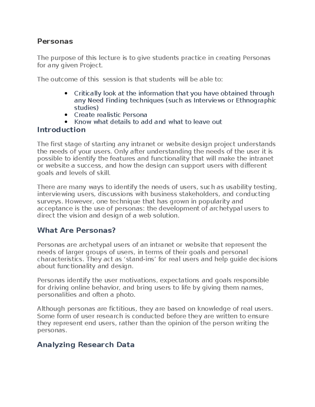 Persona Creation and Example - Personas The purpose of this lecture is ...