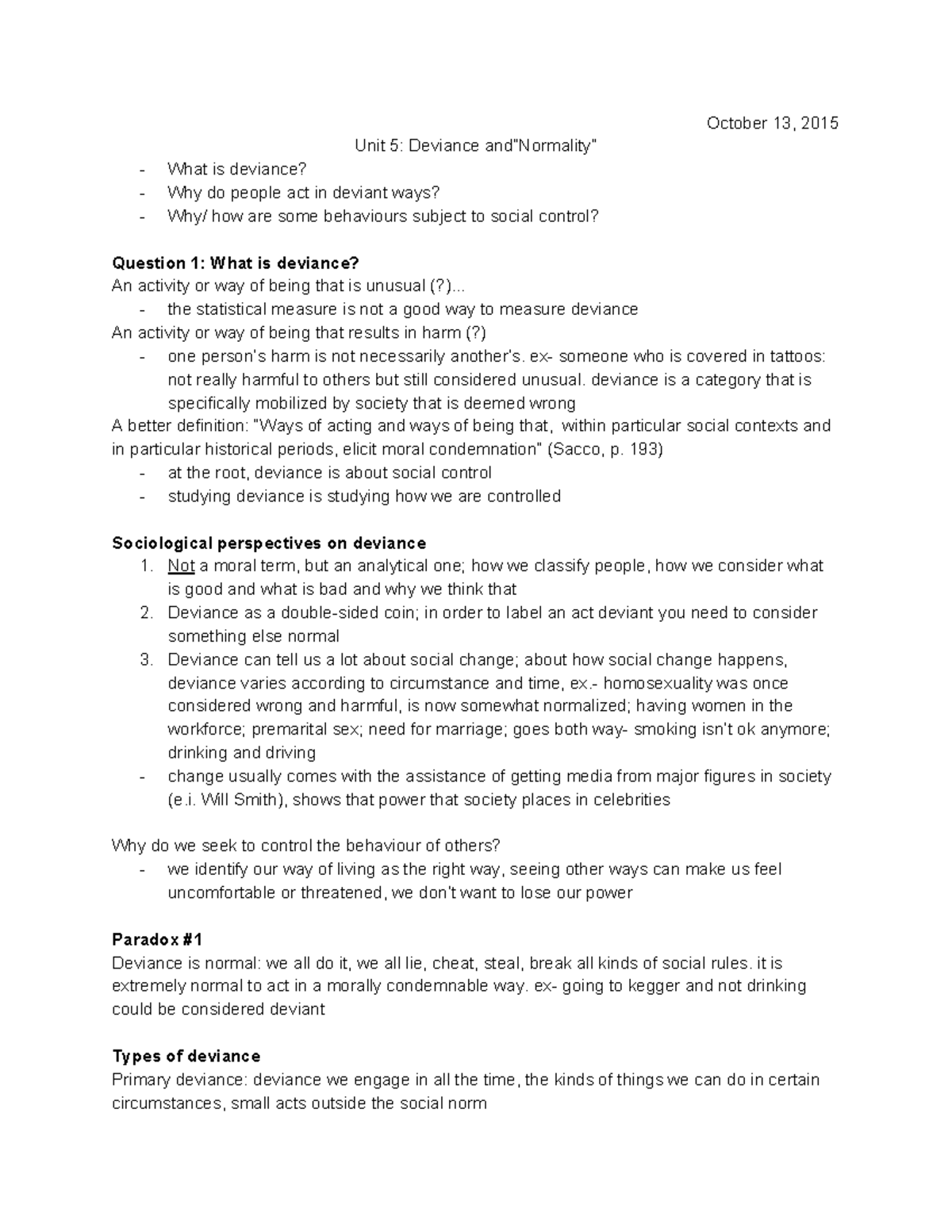 Unit 5 Deviance - Lecture notes 5 - October 13, 2015 Unit 5: Deviance ...