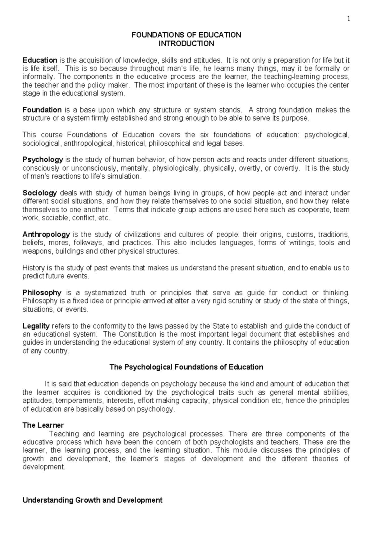 Foundation of Education Notes - FOUNDATIONS OF EDUCATION INTRODUCTION ...