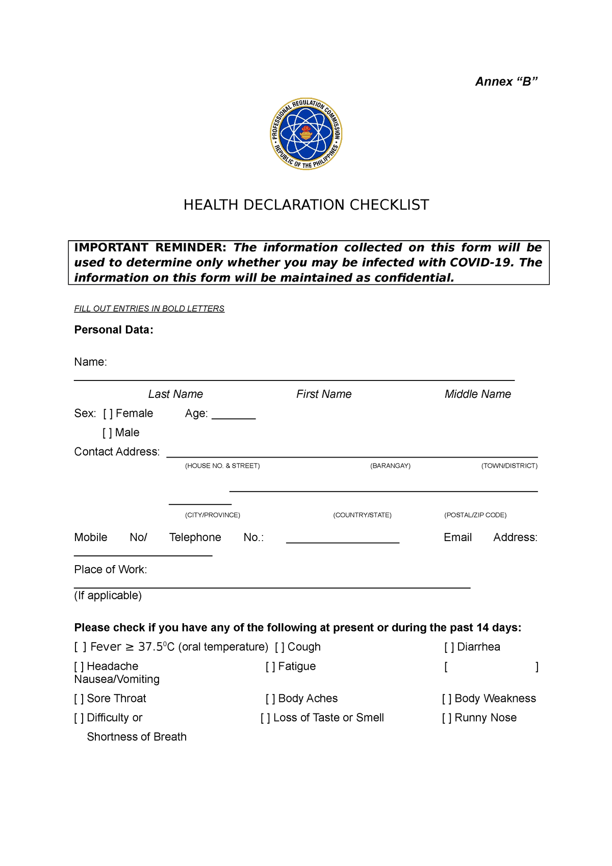 2020-68 Annex B - Health Declaration Form110320 - Annex “B” HEALTH ...