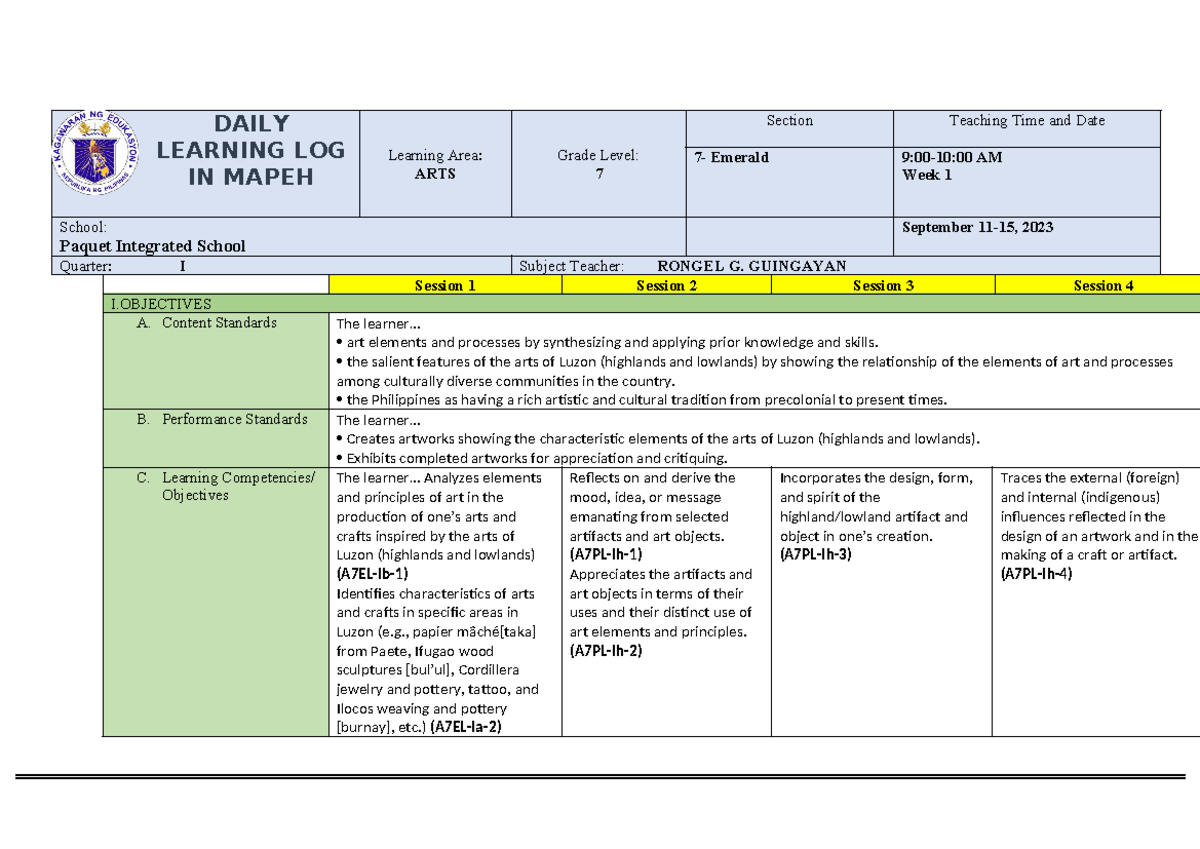 ARTS 7 Q1 week 1 - Summary Secondary Education - DAILY LEARNING LOG IN ...