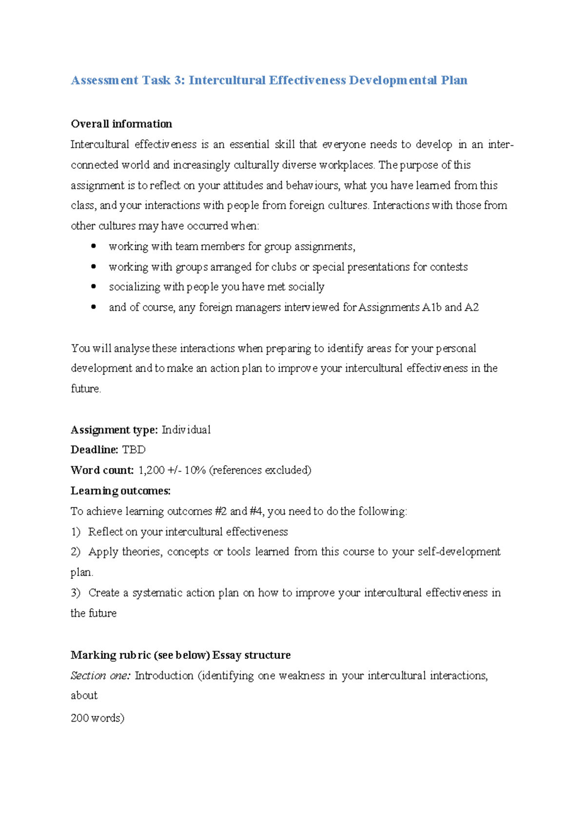 BUSM4699 Assessment Task 3 V2 2022 - Assessment Task 3: Intercultural ...