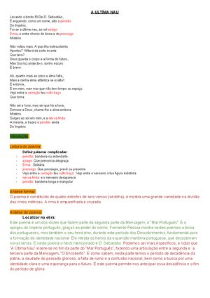Análise A Última NAU, Mensagem - “A Última Nau” Neste poema, está ...