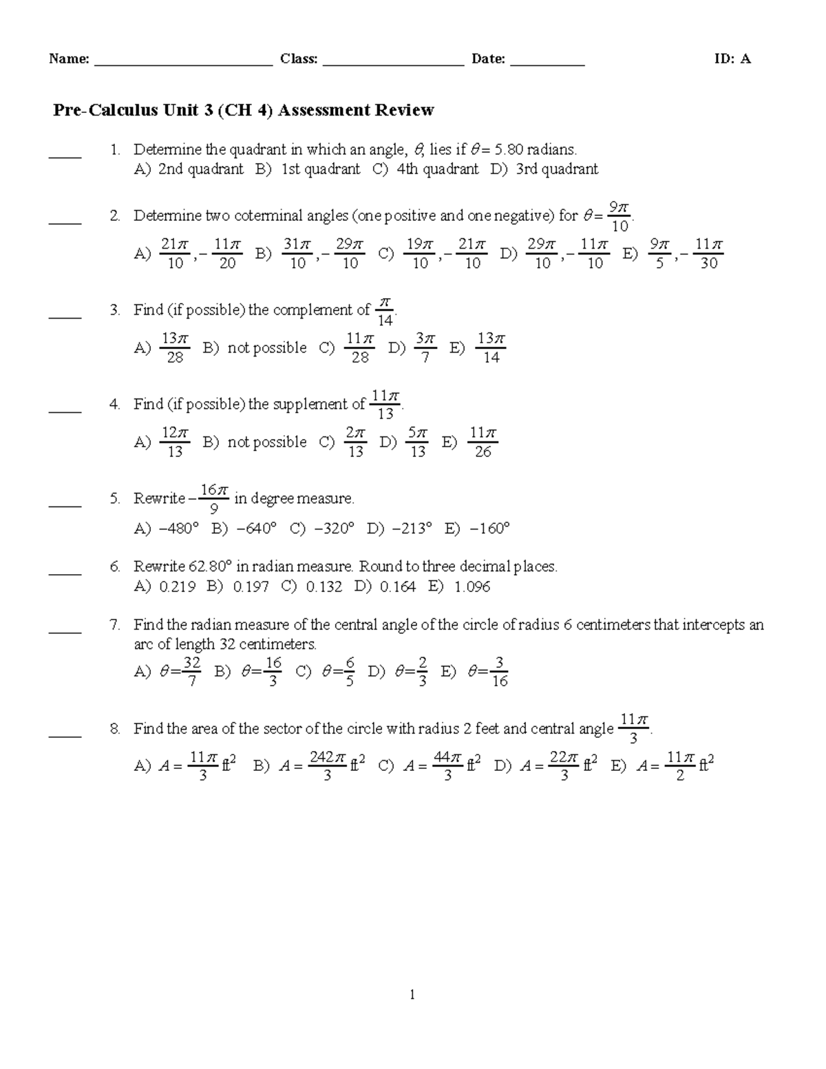 Exam View - Pre-Calc Unit 3 (CH 4) Assessment Review - Name ...