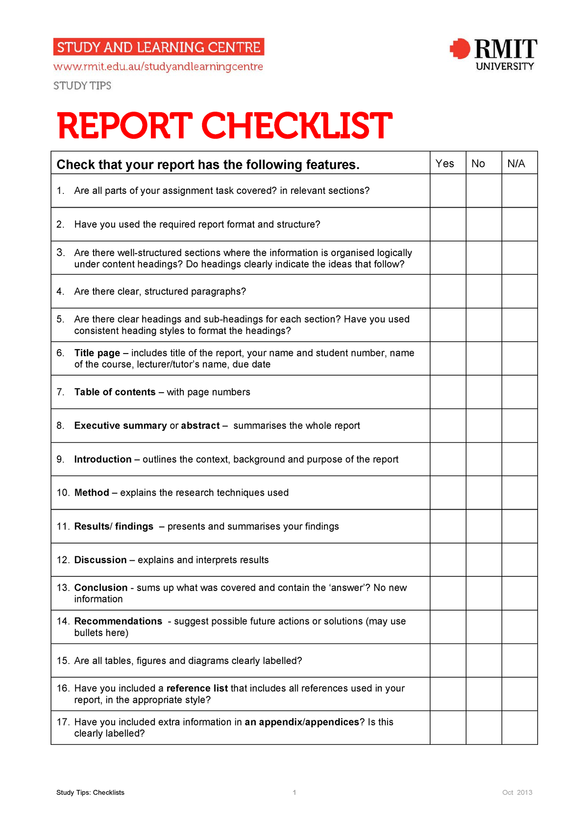 Report Checklist - REPORT CHECKLIST Check That Your Report Has The ...