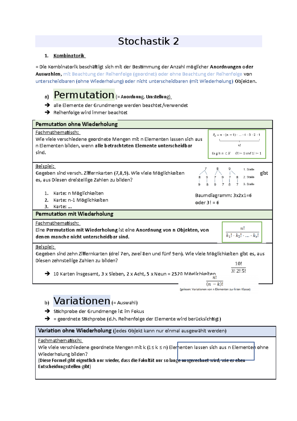 VL 1 Stochastik Teil 2 - Stochastik 2 Kombinatorik = Die Kombinatorik ...