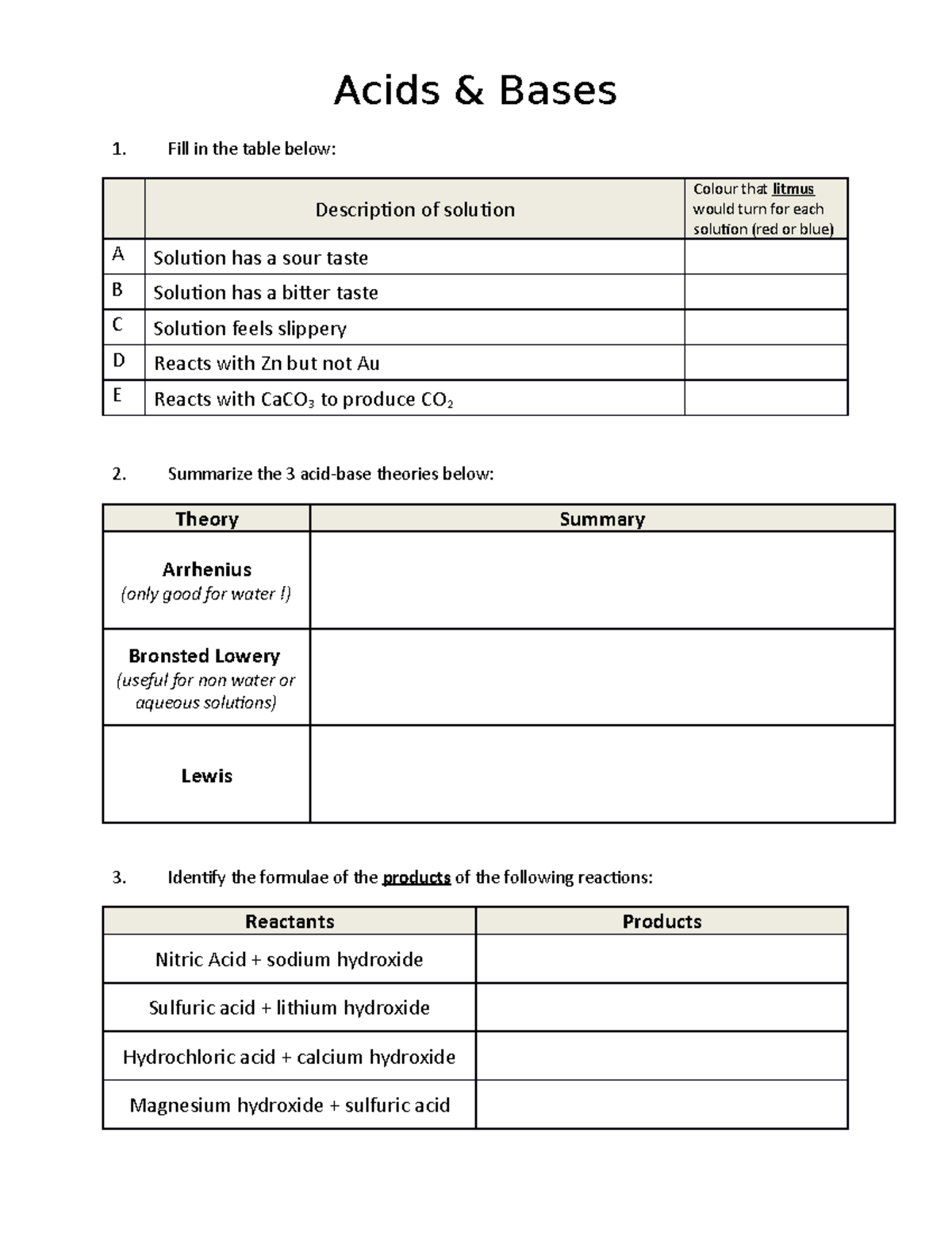 Acid Base Worksheet Student COPY (2015 ) - Acids & Bases Fill in the ...