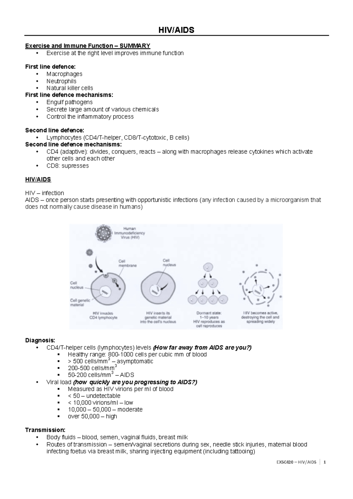UOW EXSC420 - HIV AIDS Notes - HIV/AIDS Exercise and Immune Function ...