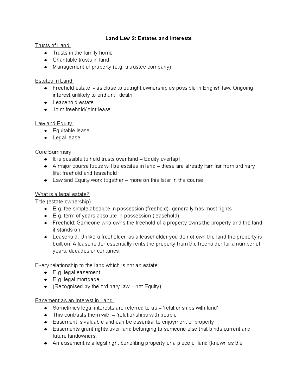 Land Law Lecture Notes Week 2 - Land Law 2: Estates and Interests ...