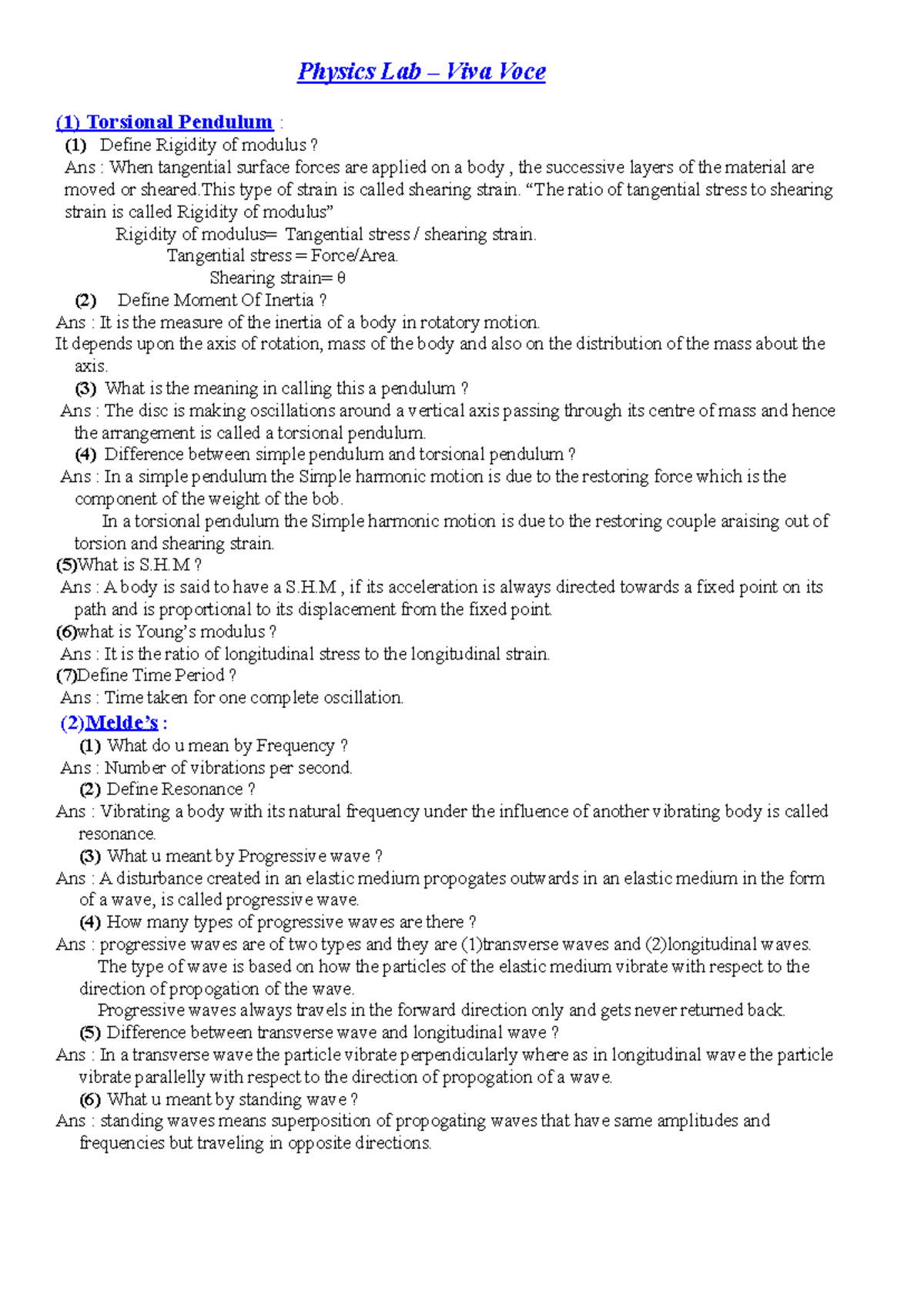 Physics lab viva Physics Lab Viva Voce (1) Torsional Pendulum (1) Define Rigidity of