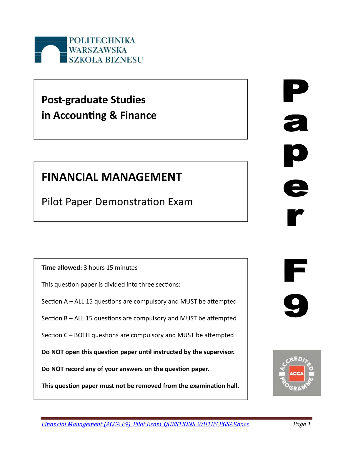 Financialmanagement examquestions answers Postgraduate Studies in