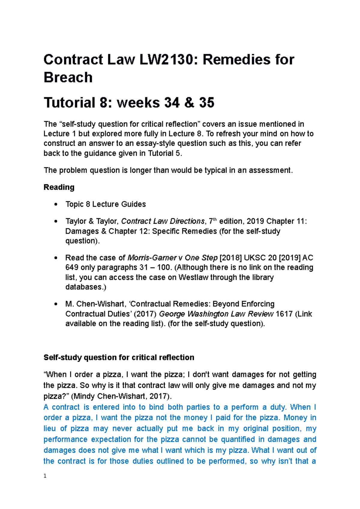 Contract Law Tutorial 8 LW 2130 - 2130 - Leicester - Studocu