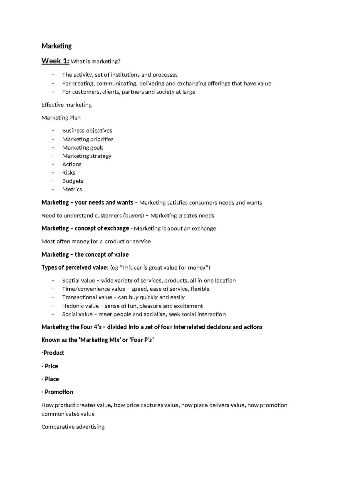 Marketing Notes from Week 1 Tutorial - Marketing Week 1: What is ...