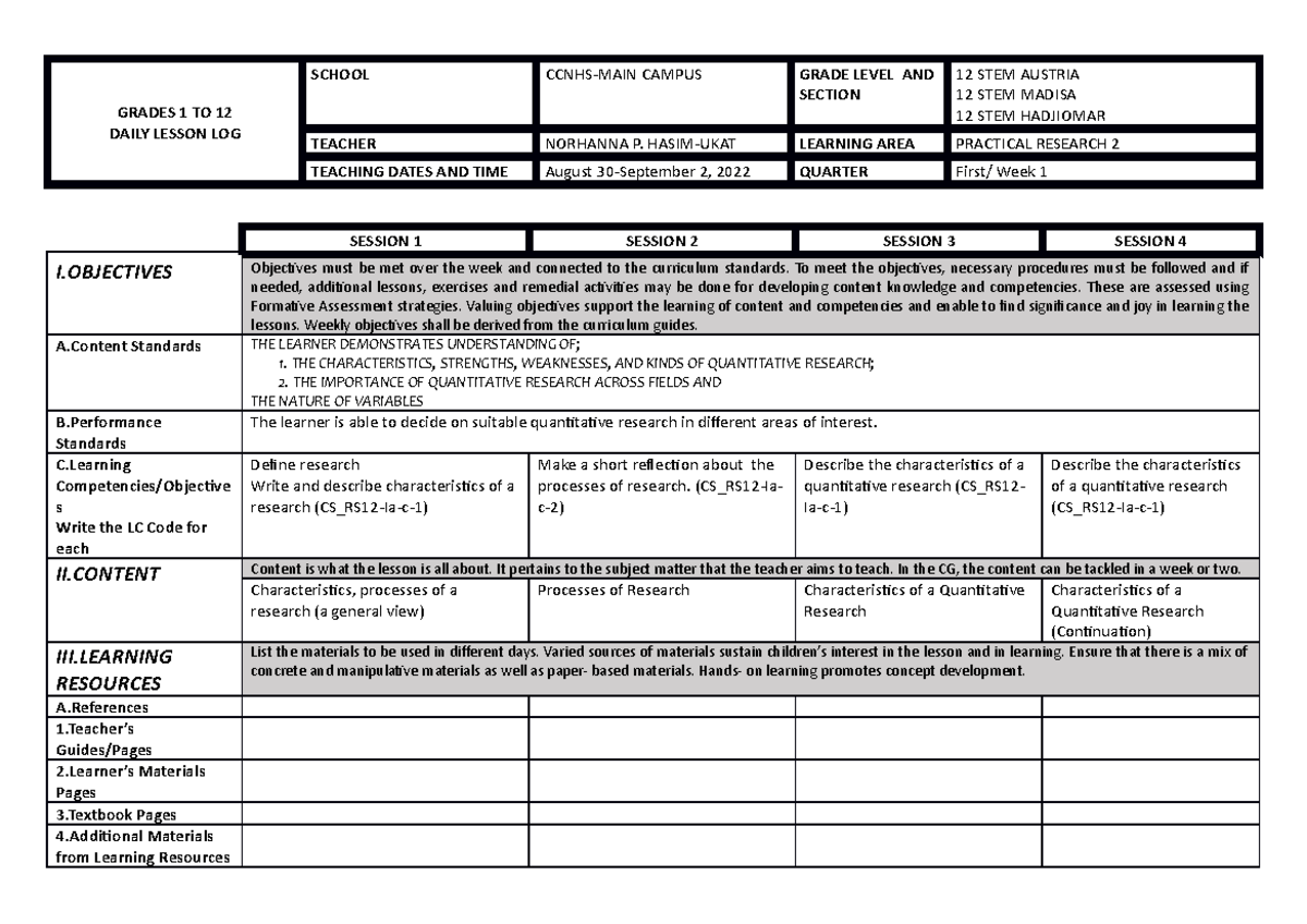 PR2 Aug 30 sept 2 Week 1 - GRADES 1 TO 12 DAILY LESSON LOG SCHOOL CCNHS ...