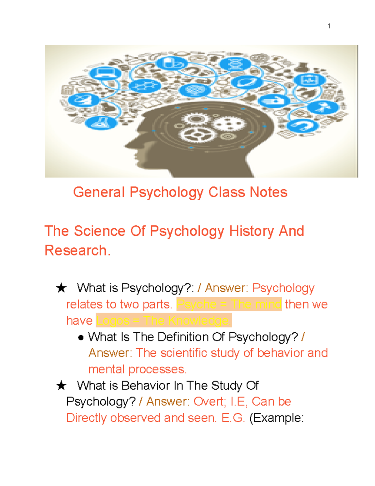 General Psychology Class Notes - General Psychology Class Notes The ...