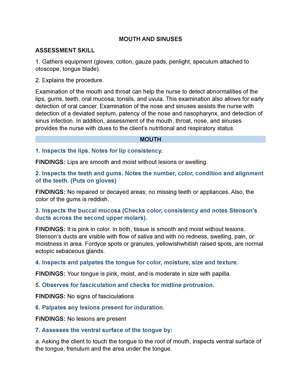 PHYSICAL ASSESSMENT-MOUTH, NOSE, THROAT, AND SINUSES - MOUTH AND ...