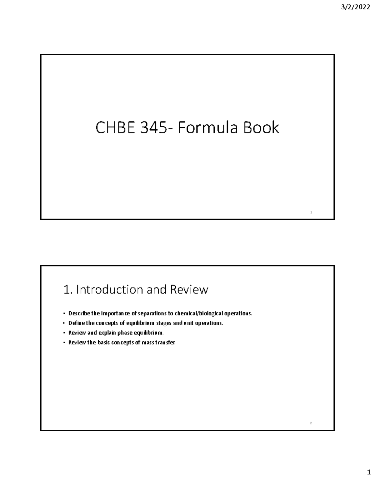 2022 03 02 Formula Book - CHBE 345 ‐ Formula Book 1 1. Introduction and ...