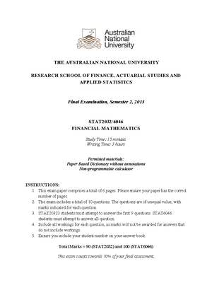 Formula Sheet for Exams - STAT 2032/6046 – Financial Mathematics ...