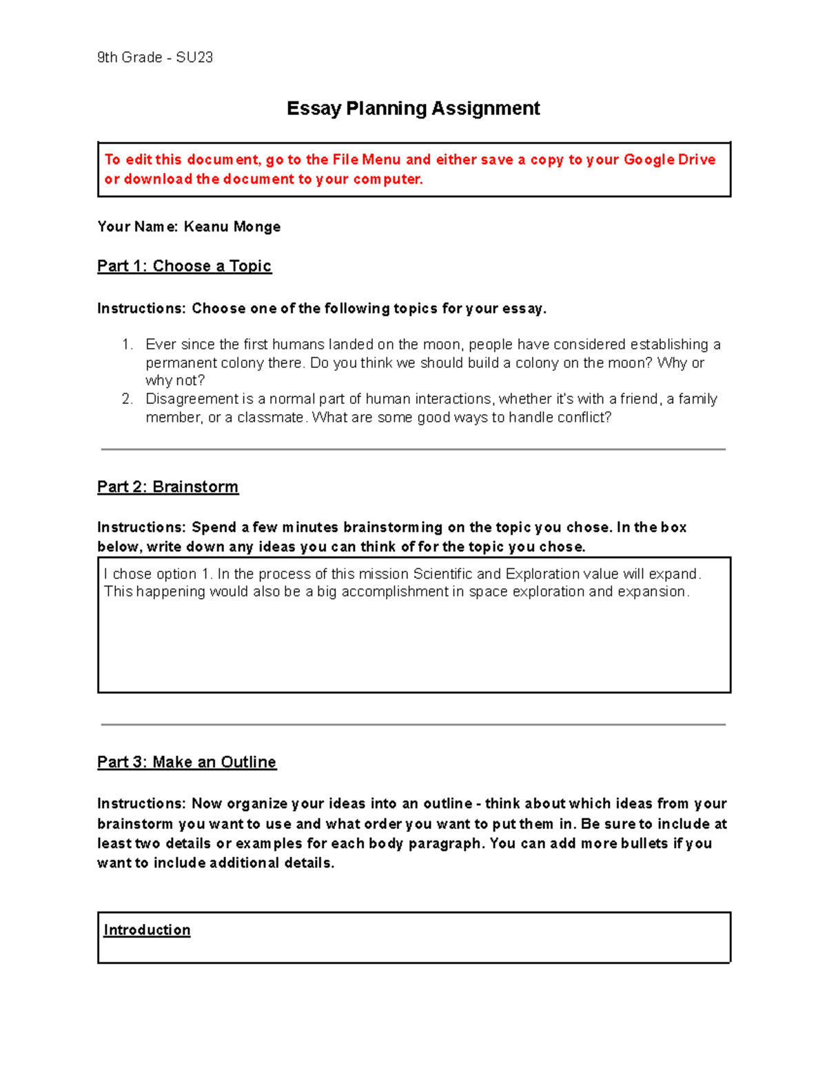 Copy of Essay Planning Assignment - Summer 2023 - 9th Grade - 9th Grade ...