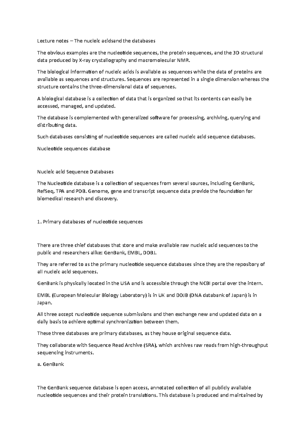 Lecture notes The nucleic acidsand the databases Lecture notes