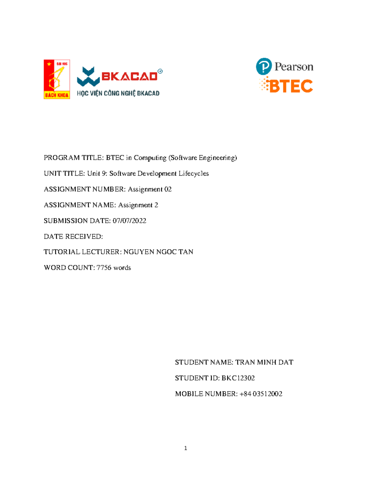 Trần Minh Đạt(BKC12302) - Assignment 2 lần 1 - SDLC - PROGRAM TITLE ...