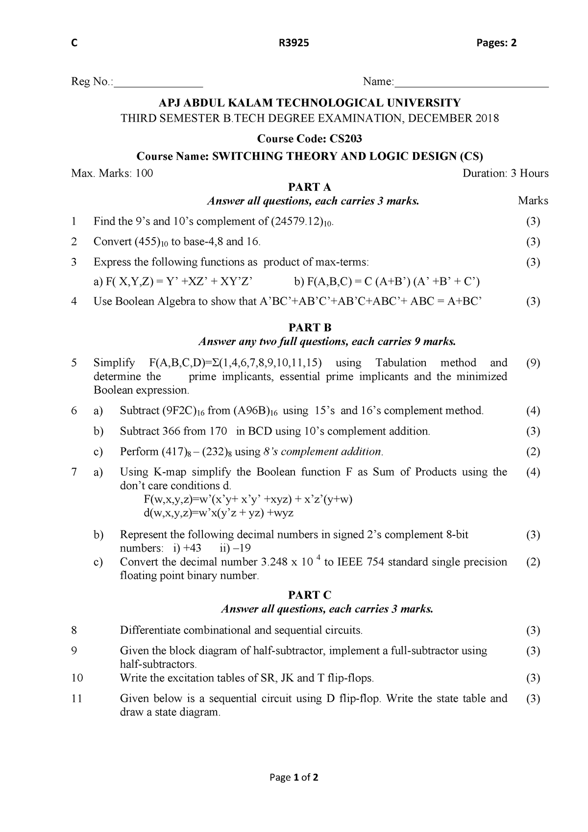 2018 Dec. CS203-E-1 - Switching theory question paper - C R3925 Pages ...