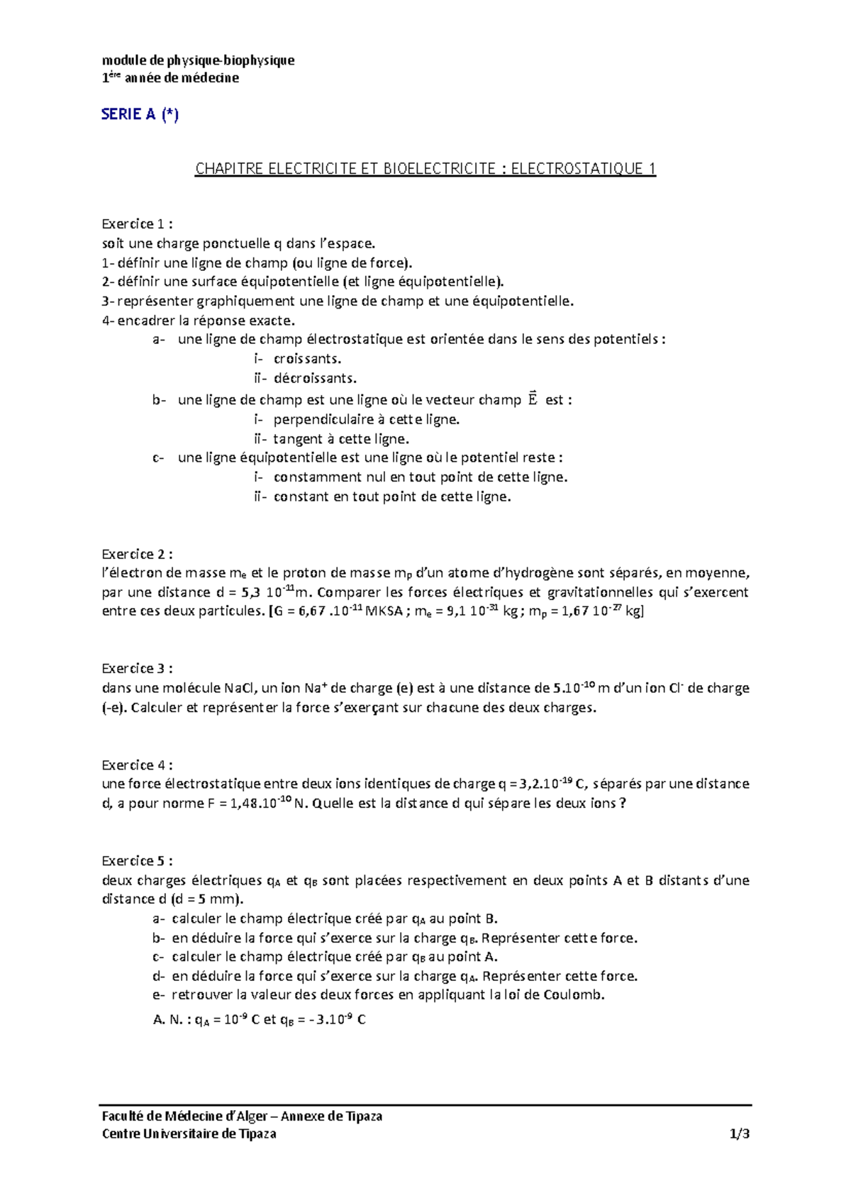 Série de TD A - hghjhjhb - module de physique-biophysique 1 ère année ...