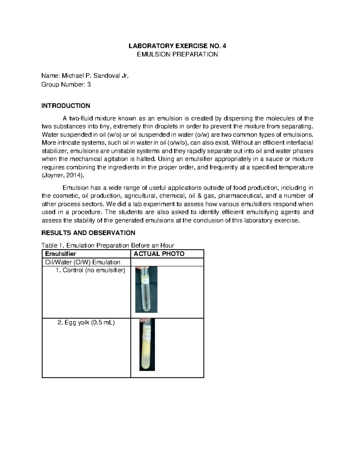LaboratoryExercise4 LABORATORY EXERCISE NO. 4 EMULSION PREPARATION