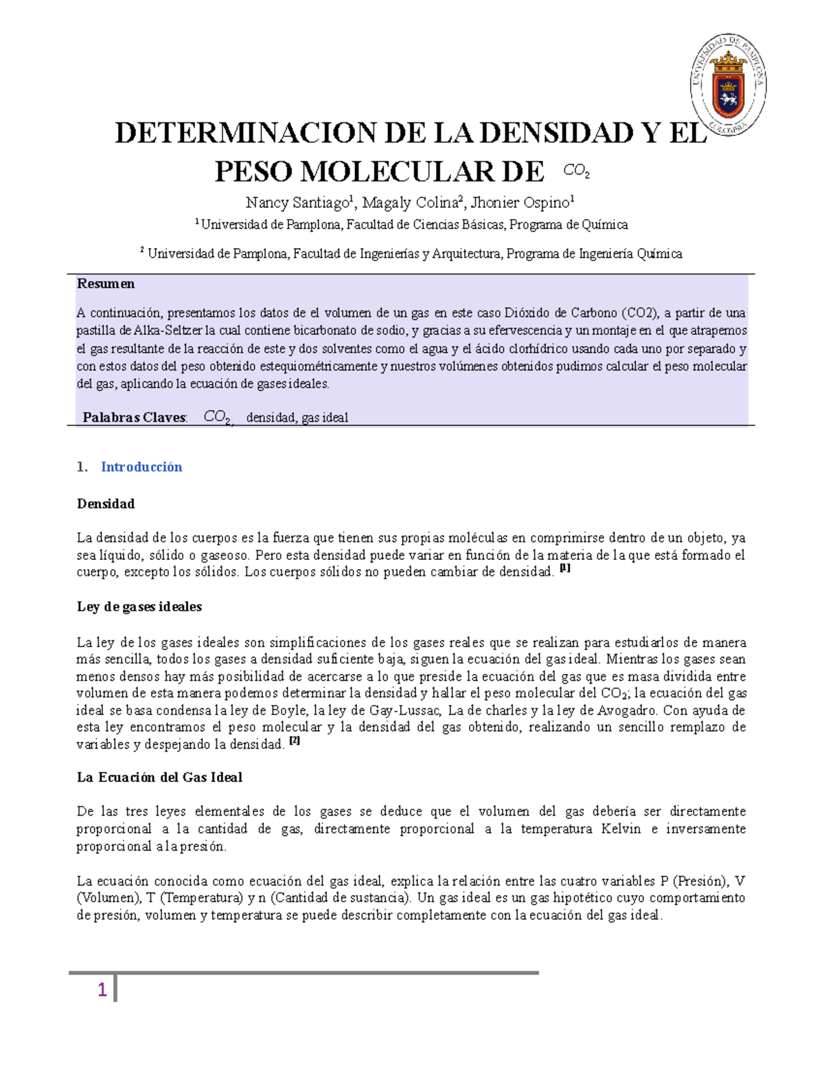 Determinacion De La Densidad Y Peso Molecular Del Co2 Determinacion De La Densidad Y El Peso