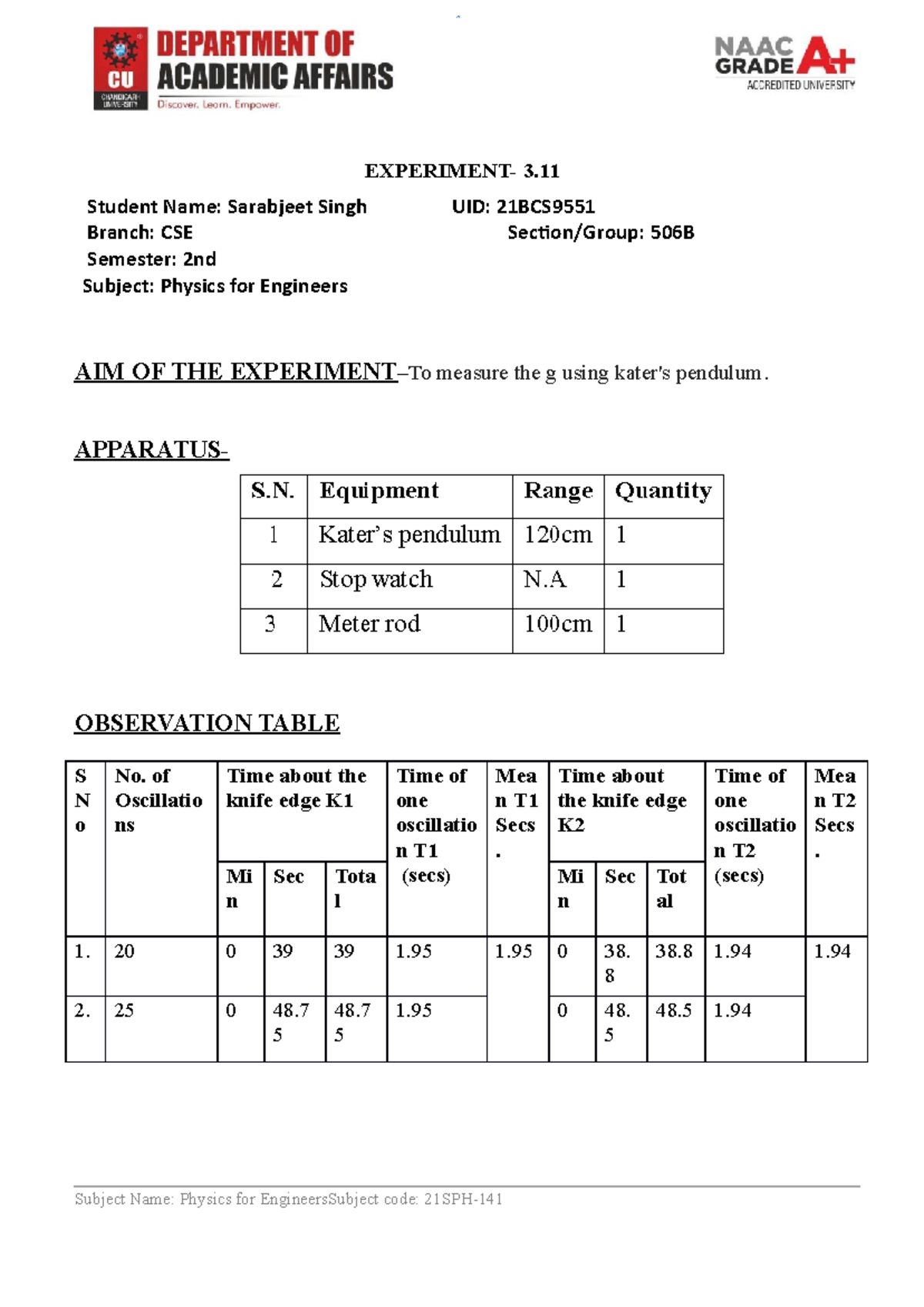 kater's pendulum experiment discussion