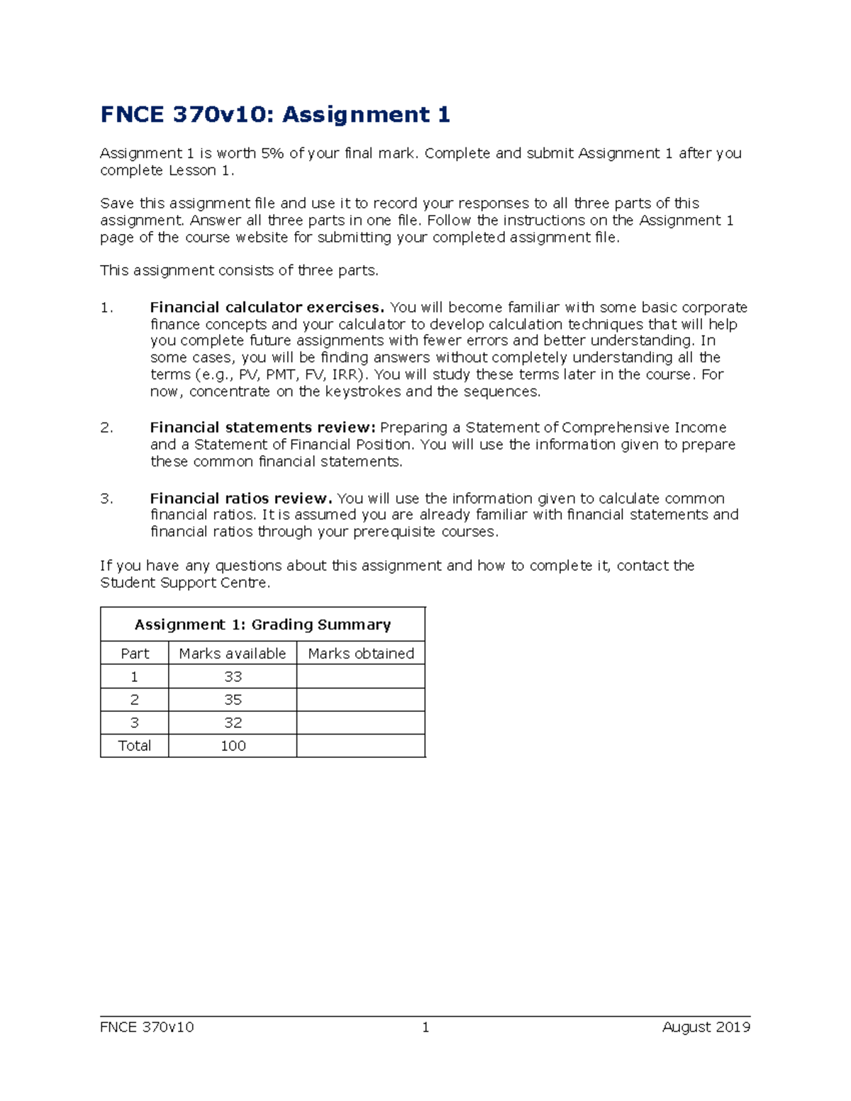 FNCE370v10 Assignment 1 - Complete and submit Assignment 1 after you ...